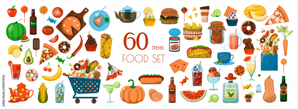 Vector big Food set. Flat icons set. Menu Restaurant, carts, sale, ads. Cartoon illustration of healthy food, fast food, mexican, fruits, vegetables. Logotype Symbol Design Vector big Food set. Flat icons set. Menu Restaurant, carts, sale, ads. Cartoon illustration of healthy food, fast food, mexican, fruits, vegetables. Logotype Symbol Design
