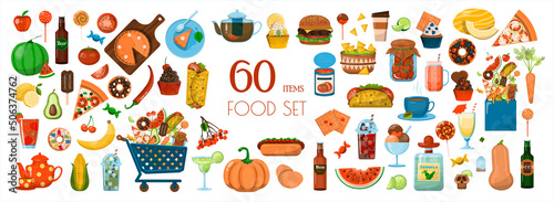 Vector big Food set. Flat icons set. Menu Restaurant, carts, sale, ads. Cartoon illustration of healthy food, fast food, mexican, fruits, vegetables. Logotype Symbol Design