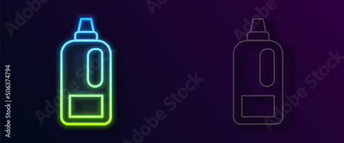 Glowing neon line Plastic bottle for laundry detergent, bleach, dishwashing liquid or another cleaning agent icon isolated on black background. Vector