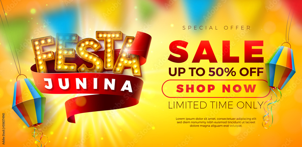Festa Junina Sale Promotional Business Illustration with Paper Lantern and Light Bulb Billboard on Yellow Background. Vector Special Offer Illustration for Coupon, Voucher, Banner, Flyer, Poster - obrazy, fototapety, plakaty 
