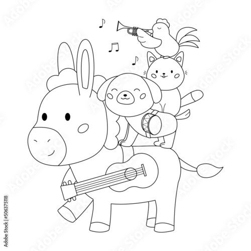 Coloring page Bremen town musicians. Kawaii animals with musical instruments. Cartoon donkey, dog, cat and rooster. Fairy tale for children. Vector illustration for coloring book.