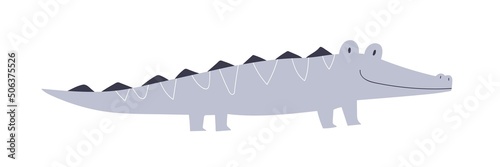 Cute baby crocodile in Scandinavian style. Funny happy child animal, Scandi croc character. Fairytale tropical reptile. Childish colored flat vector illustration isolated on white background