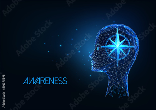 Futuristic awareness, contemplation, integrity concept with glowing human head and compass inside