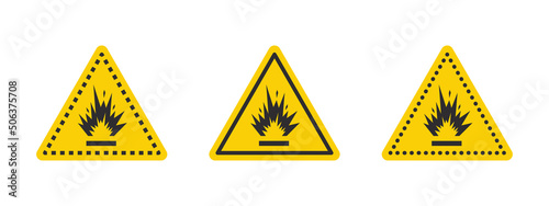 Blasting area caution warning sign. Warning sign explosives liquids or materials. Explosives substances icons set. Vector icons