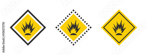 Explosion flash warning signs. Caution warning sign explosives liquids or materials. Explosives substances icons set. Vector icons