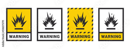 Explosion flash warning icons. Caution sign explosives liquids or materials. Explosives substances icons set. Vector icons