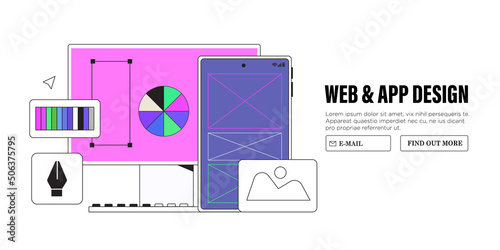 Website design or redesign banner, landing page, advertisement. Designers working on ui ux design or mobile application. Studio or agency prototyping or coding web page or mobile app. Cms development.