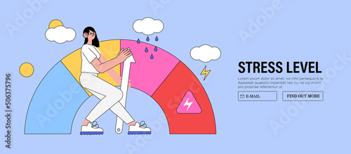 Emotional overload and burnout concept. Female cartoon character trying to push stress level to reducing figures. Woman feel tired and exhausted with work or family problems vector illustration.