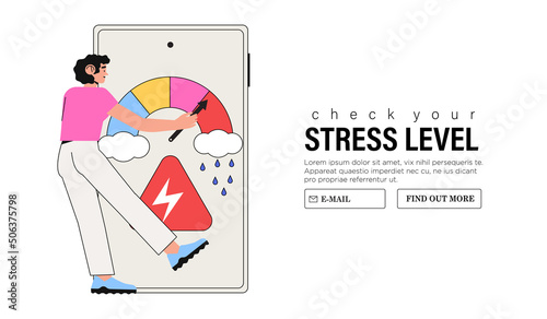 Emotional overload and burnout concept. Female cartoon character trying to push stress level to reducing figures. Woman feel tired and exhausted with work or family problems vector illustration.