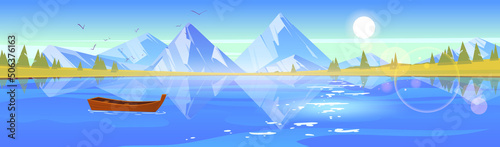 Summer landscape with lake with wooden boat, mountains and trees. Vector cartoon illustration of nature scenery with river, forest and green grass on shore, white rocks and sun in sky