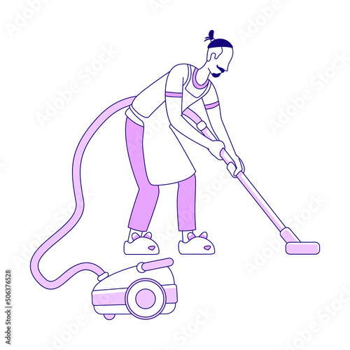 Man with vacuum cleaner semi flat color vector character. Standing figure. Full body person on white. Guy cleaning floor at home simple cartoon style illustration for web graphic design and animation