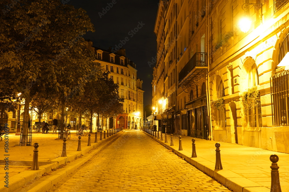 Place Dauphine square in cite island of Paris at night.