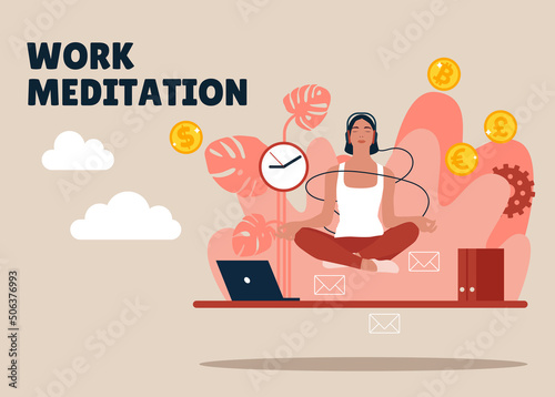 Work meditation. Stressful businesswoman, yoga character. Manager sitting on office table in lotus pose vector illustration