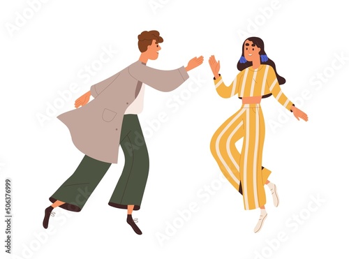 Happy couple dancing with fun, joy, energy. Young man, woman rejoicing, moving. Excited joyful people, modern girl and guy dancers in movement. Flat vector illustration isolated on white background