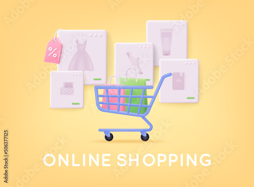 Online shopping. Design graphic elements, signs, symbols. Mobile marketing and digital marketing. 3D Web Vector Illustrations.