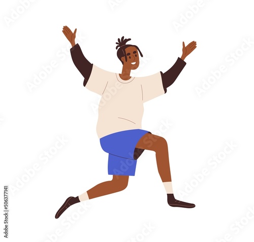 Happy excited black man smiling, rejoicing, running with joy, exulting. Joyful delighted guy with positive emotion. Cheerful joyous person. Flat vector illustration isolated on white background © Good Studio