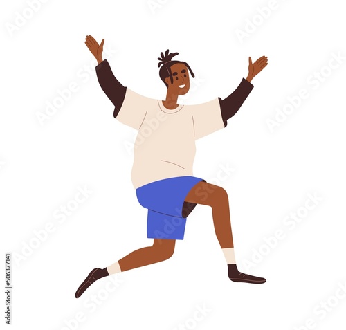 Happy excited black man smiling, rejoicing, running with joy, exulting. Joyfu...