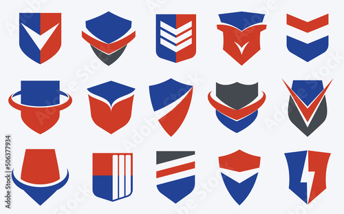 Shield logos vector set, different ammo protection symbols collection, antivirus or sport theme, insurance or guarantee.