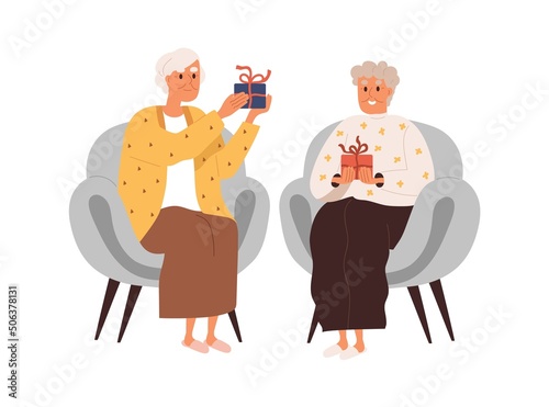 Elderly women exchanging holiday gifts. Female friends of senior age giving and receiving present boxes. Happy old ladies with surprises in hands. Flat vector illustration isolated on white background