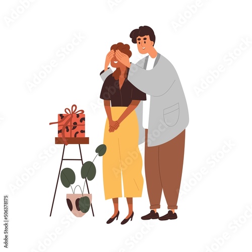 Man presenting gift to woman for anniversary. Happy love couple with prepared surprise in box. Valentines and unexpected romantic giftbox. Flat vector illustration isolated on white background