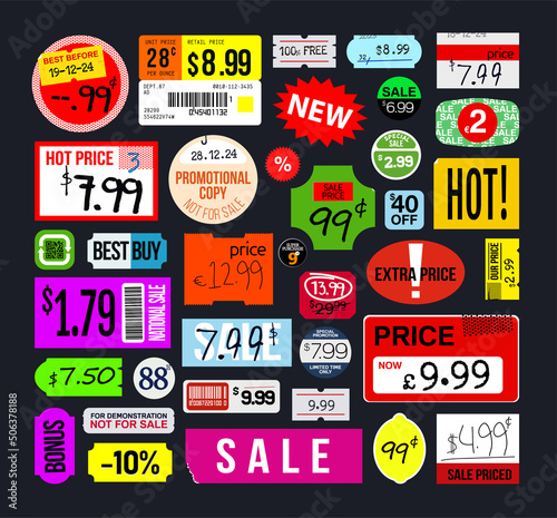 Sticker set. Price stickers. Peeled Paper Stickers. Price Tag. Sale stickers Isolated on black background. Vector illustration