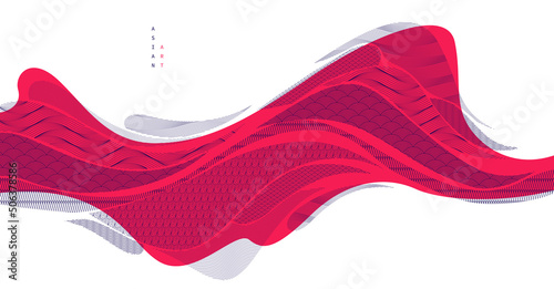 Oriental Japanese style vector abstract illustration in red color, background in Asian traditional style, wavy shapes and mountains terrain, runny like sea lines.