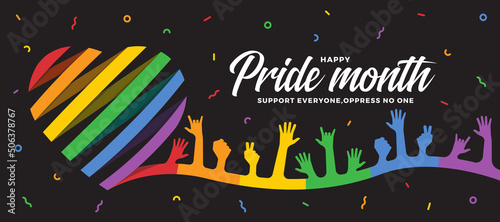 Happy pride month - rainbow pride ribbon roll heart shape with hands raised and on black background vector design