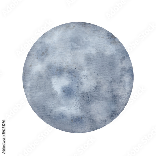Watercolor full Moon illustration. Mystical dusty blue cosmic round shape isolated on white background. Magic Earth satellite. Celestial lunar print for cards, poster, invitations