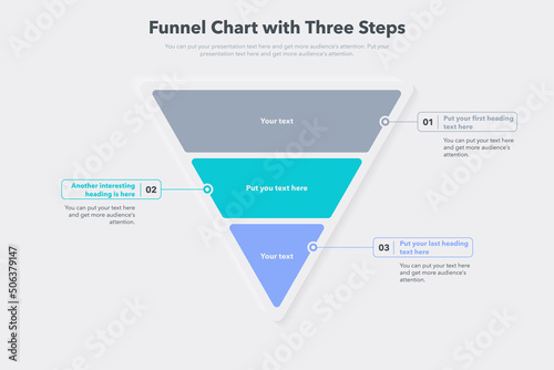 Funnel chart template with three colorful steps. Easy to use for your website or presentation. photo