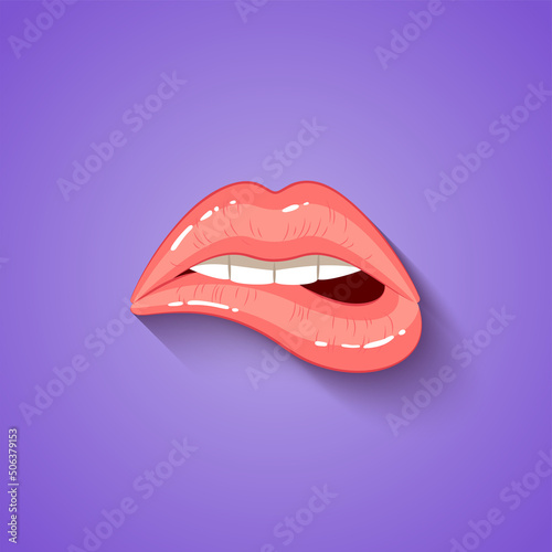 Womans sensuous pink lips, beautiful open mouth biting lip with lipstick, Illustration in the cartoon style