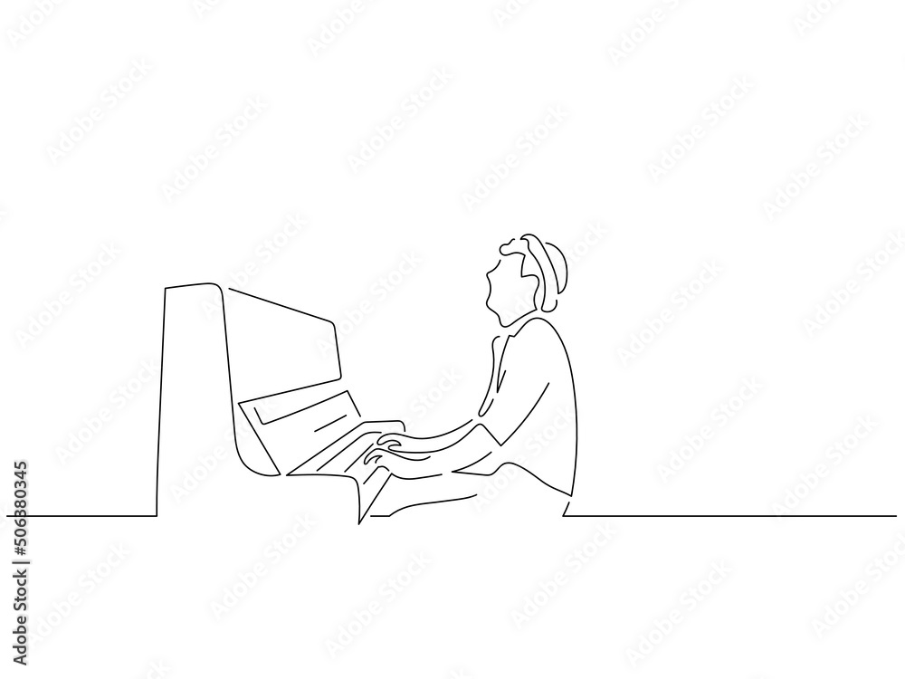 Piano player in line art drawing style. Composition of musician playing. Black linear sketch isolated on white background. Vector illustration design. Piano player in line art drawing style. Composition of musician playing. Black linear sketch isolated on white background. Vector illustration design.