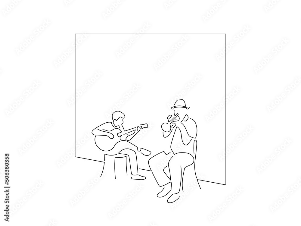 Jazz band in line art drawing style. Composition of a group of musicians playing music. Black linear sketch isolated on white background. Vector illustration design.