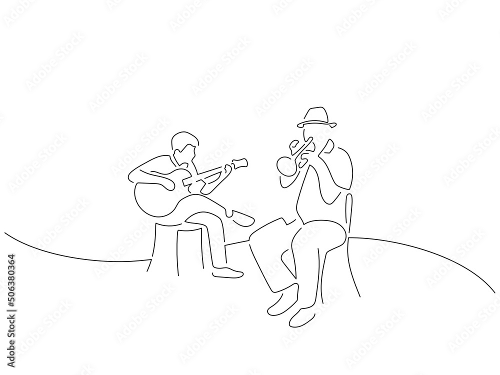 Jazz band in line art drawing style. Composition of a group of musicians playing music. Black linear sketch isolated on white background. Vector illustration design. Jazz band in line art drawing style. Composition of a group of musicians playing music. Black linear sketch isolated on white background. Vector illustration design.