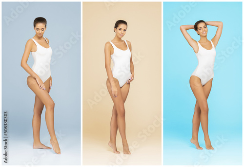 Young, fit and beautiful brunette woman in white swimsuit posing over bright background. Healthcare, diet, sport and fitness concept.