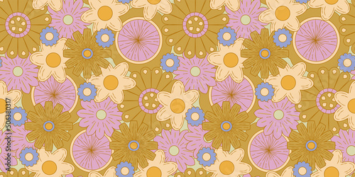 Groovy y2k retro seamless pattern with flower. Retro vector illustration. Groovy flower background. Colorful hippie seamless pattern illustration.