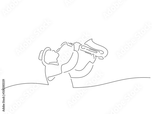 Sax player in line art drawing style. Composition of a musician playing. Black linear sketch isolated on white background. Vector illustration design.