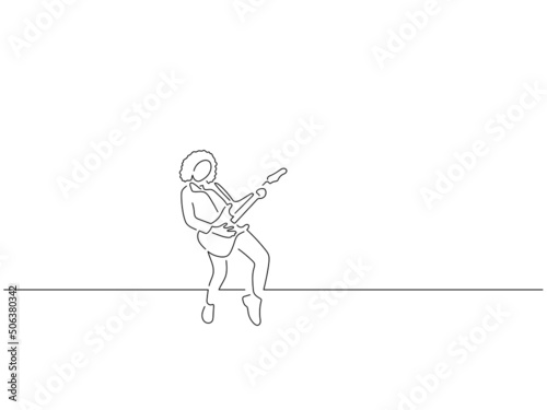 Guitar player in line art drawing style. Composition of a musician playing. Black linear sketch isolated on white background. Vector illustration design.