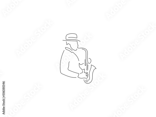 Sax player in line art drawing style. Composition of a musician playing. Black linear sketch isolated on white background. Vector illustration design.