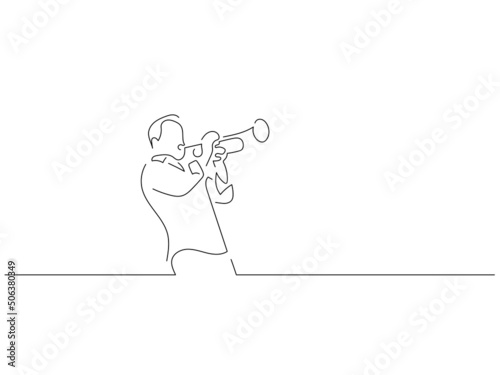 Trumpet player in line art drawing style. Composition of a musician playing. Black linear sketch isolated on white background. Vector illustration design.