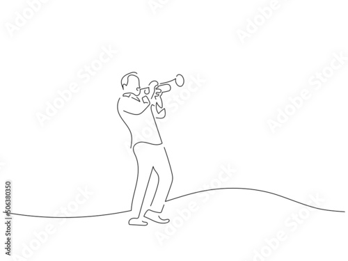 Trumpet player in line art drawing style. Composition of a musician playing. Black linear sketch isolated on white background. Vector illustration design.