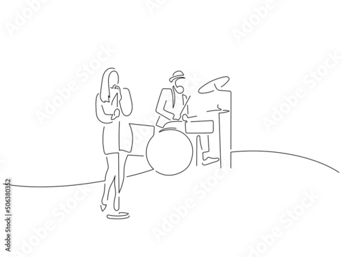 Music band in line art drawing style. Composition of a group of musicians playing. Black linear sketch isolated on white background. Vector illustration design.