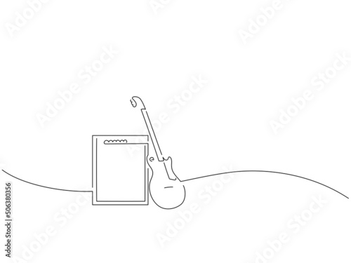 Music equipment in line art drawing style. Composition of an electric guitar and amplifier. Black linear sketch isolated on white background. Vector illustration design.