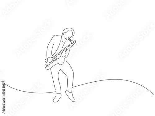 Sax player in line art drawing style. Composition of a musician playing. Black linear sketch isolated on white background. Vector illustration design.