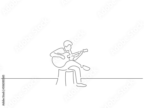 Guitar player in line art drawing style. Composition of a musician playing. Black linear sketch isolated on white background. Vector illustration design.