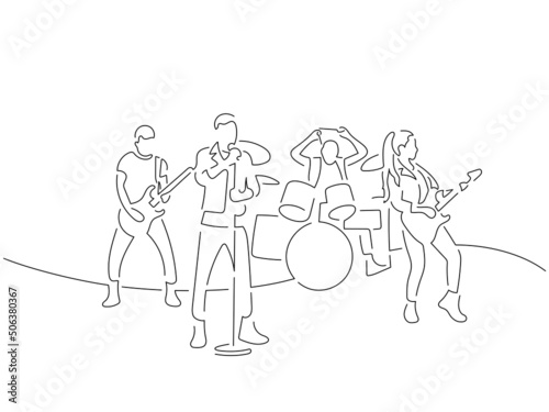 Rock band in line art drawing style. Composition of a group of musicians playing music. Black linear sketch isolated on white background. Vector illustration design.