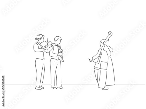 Jazz band in line art drawing style. Composition of a group of musicians playing music. Black linear sketch isolated on white background. Vector illustration design.