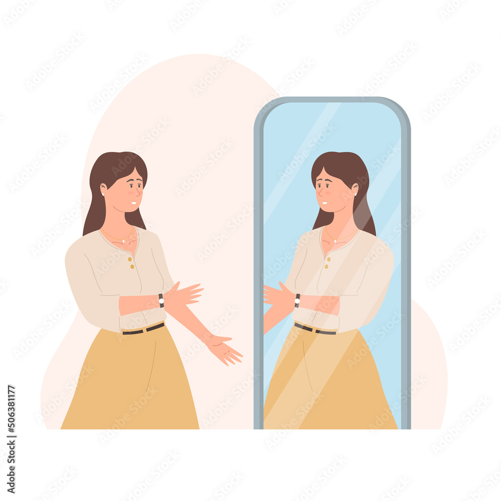 Stylish beautiful girl looks in the mirror. Young woman and her reflection in the mirror Stylish beautiful girl looks in the mirror. Young woman and her reflection in the mirror