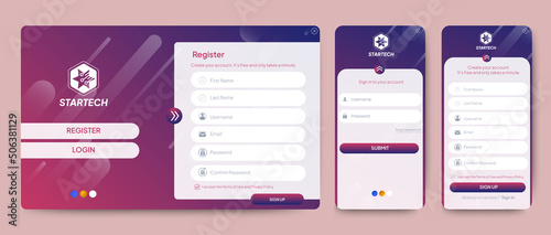 Set of Sign Up and Sign In forms. Red gradient background with modern logo. Registration and login forms page. Professional web design, full set of elements. User-friendly design materials.