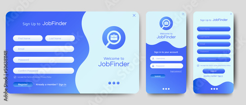 Set of Sign Up and Sign In forms. Blue gradient background with modern logo. Registration and login forms page. Professional web design, full set of elements. User-friendly design materials.