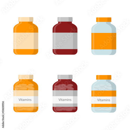 Set of medical bottles with labels. Flat vector illustration.